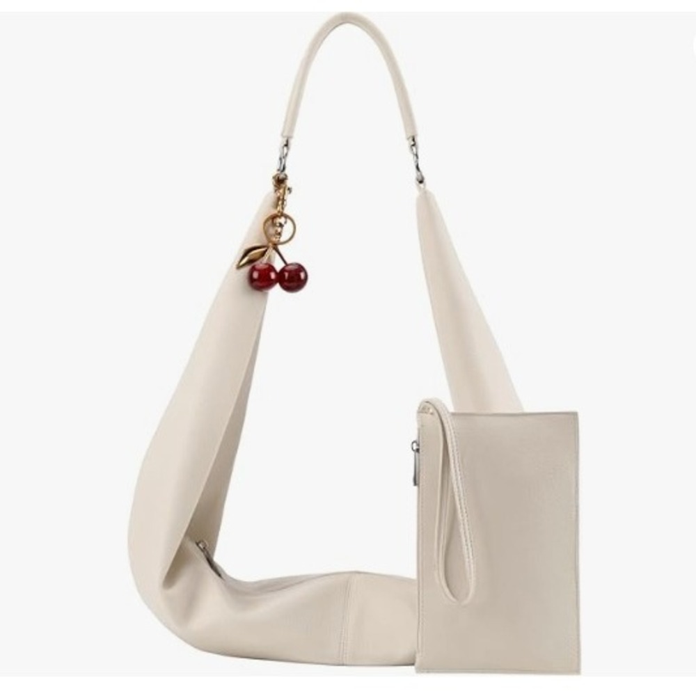 Slouchy Hobo Bag Vegan Leather Sling Shoulder Purse with Cherry Charm & Pouch